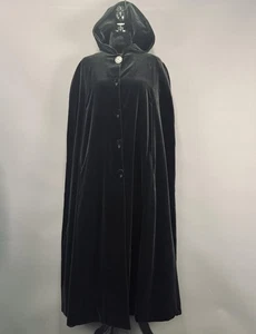 Vintage Velvet Opera Cape Womens Large Black Hooded Custom Satin Lined Cloak 90s - Picture 1 of 11