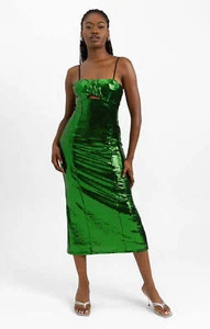 Topshop Womens Green Midi Dress Square Neck Sequin RRP £56 - Picture 1 of 28
