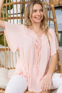 Size 3X Plus Size Pink Boho Blouse | Flutter Sleeve Pintuck Top with Tie Neck - Picture 1 of 4