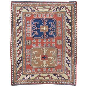 Alfombra de lana Soumak diseño geométrico tribal fino hecha a mano (talla 3,7 X 4,4) Brral-519 - Imagen 1 de 10