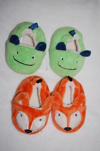 Baby Boys 2 PAIR SLIPPERS LOT Cute Animals ORANGE FOX Green Monster 2 3 4 5 6 - Picture 1 of 1