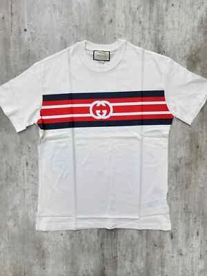 GUCCI Hombre GRANDE Camiseta Blanca con Negro y Rojo Doble GG Logo Pima Algodón NUEVO Foto 1 de 4