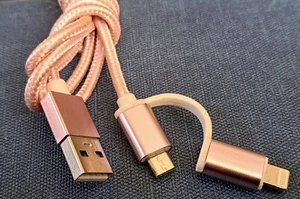 2-In-1 Pink USB-A to Micro USB Braided Lead with added Lightning Adaptor - 1m - Picture 1 of 9