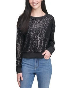 CALVIN KLEIN JEANS Allover Sequin Pullover Top Black Medium B4HP NO TAGS - Picture 1 of 3