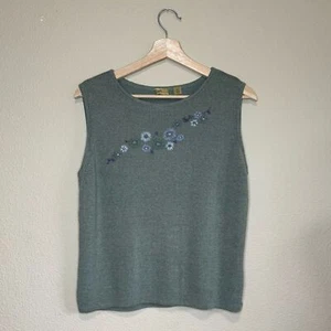 Caslon top women XL linen blend embroidered flowers knit tank top green - Picture 1 of 10