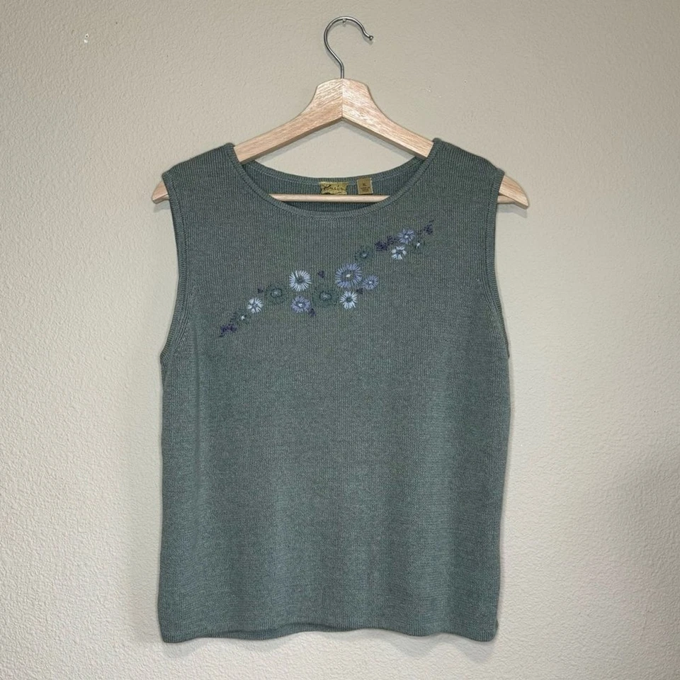 Caslon Top Mujer XL Mezcla Lino Bordado Flores Tejido Camiseta Sin Mangas Verde Foto 1 de 4