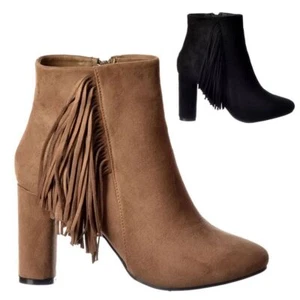 Damen-Stiefelette Quaste Fransen Wildleder Blockabsatz schwarz nackt Größe Neu - Bild 1 von 10