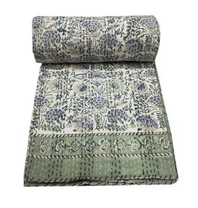 Indian Hand Block Print Kantha Quilt Bedspread Blanket Throw King Size Bed Cover - Picture 1 of 6