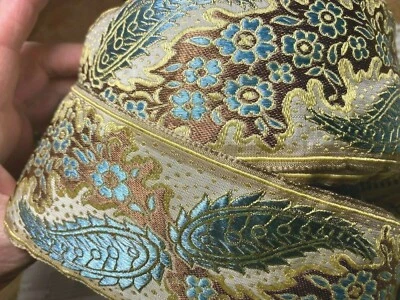 Cinta vintage jacquard bordada años 1900 2.25" seda 1yd hecha en Francia Foto 1 de 4