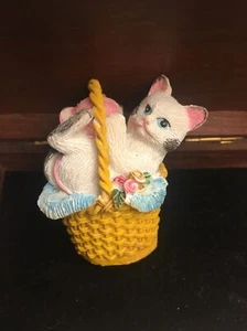 Playful Kitty Cat In The Basket With Ball Of Yarn Figurine 2 1/2” - Picture 1 of 5