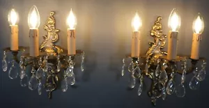 VINTAGE Victorian 3 Arms Solid Brass Czech Crystal Pair of Applique Sconces - Picture 1 of 5