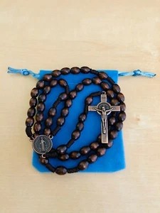 Saint St Benedict Wooden Rosary Prayer Beads Copper Crucifix Cross Velvet Pouch - Picture 1 of 5