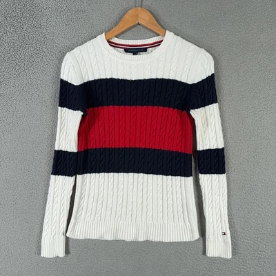 Suéter Tommy Hilfiger Y2K Tejido con Cable Logo Bandera Mujer Pequeño P Rojo Blanco Azul Foto 1 de 4