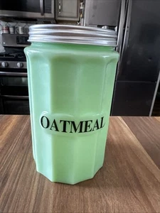 Jadite Green Glass Large Black Letter Oatmeal Canister in Excellent Condition - Picture 1 of 6