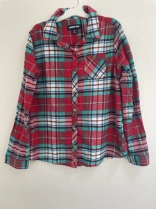 Lands' End Kids Boys Plaid Flannel 100% Cotton Button-Up Long Sleeve Shirt Red M - Picture 1 of 5