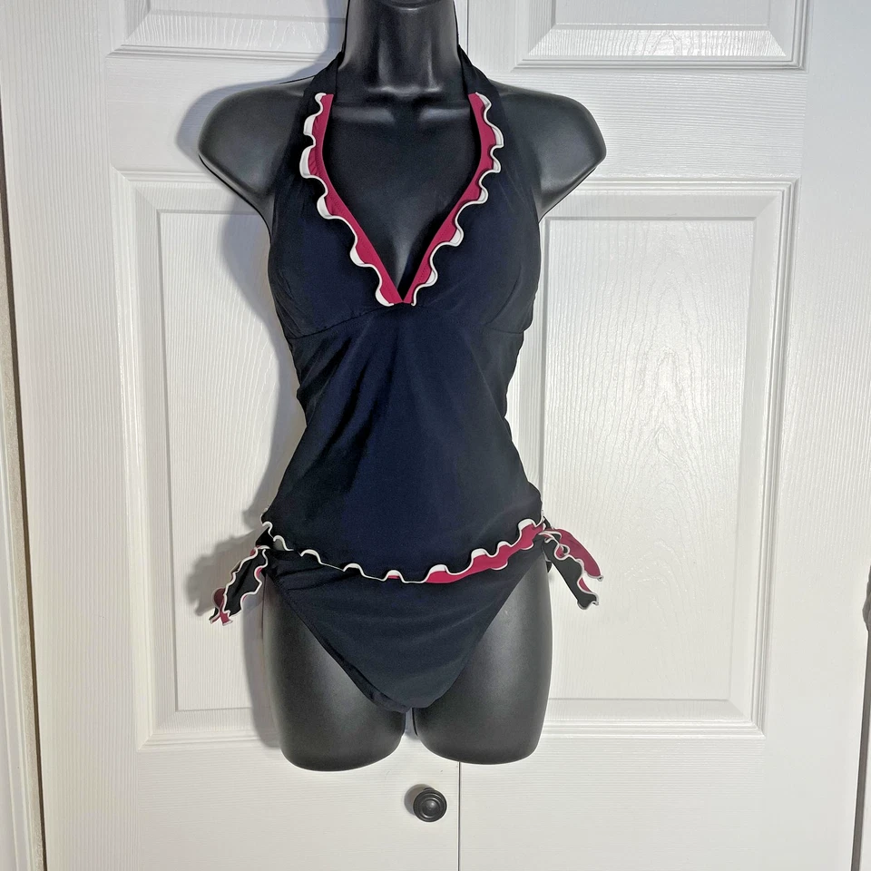 Traje de baño Profile Tankini para mujer pequeño negro rosa halter con volantes parte superior inferior + falda Foto 1 de 4