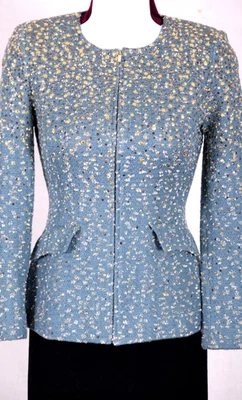 ST.JOHN Women Blue Teal Metallic Gold Studs Throughout Shimmer Jacket Sz 2 - Image 1 of 4