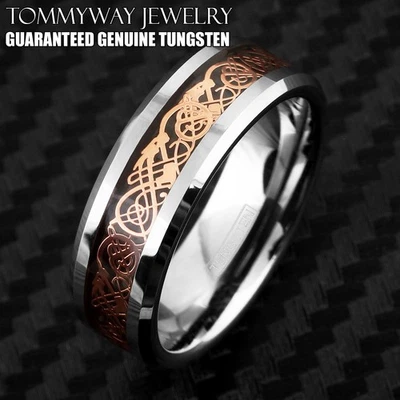 Anillo de boda de tungsteno para hombre plateado enchapado en oro rosa dragón celta a rayas  Foto 1 de 4