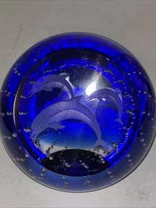 Caithness Scotland Dolphin Paperweight Cobalt Blue Glass Etched 3” Bubbles. - Picture 1 of 11