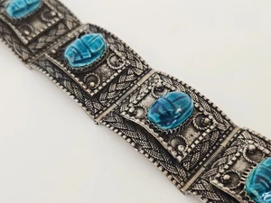 Schweres Vintage ägyptischer Skarabäus Sterlingsilber verzierte Platte Gliederarmband 7" - 56,9 gr - Bild 1 von 21
