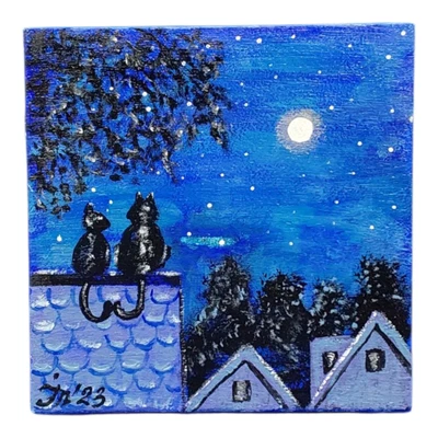 黑猫原创绘画月亮爱情浪漫礼物艺术手工制作小墙艺术 — 第 1/4 张图片