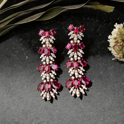15.62 TCW Synthetic Ruby Lab Grown CVD Diamond Dangle Earrings 14k Rose Gold - Image 1 of 4