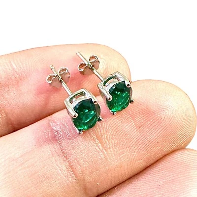925 Sterling Silver Green Emerald Stud Earrings For Women lab-created FREE SHIP - Image 1 of 4