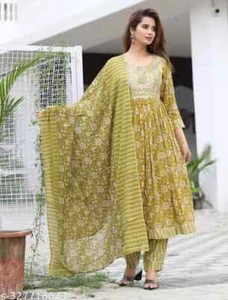 Beautiful Flower Printed & Embroidried Rayon Kurta With Dupatta and Pant - Picture 1 of 5
