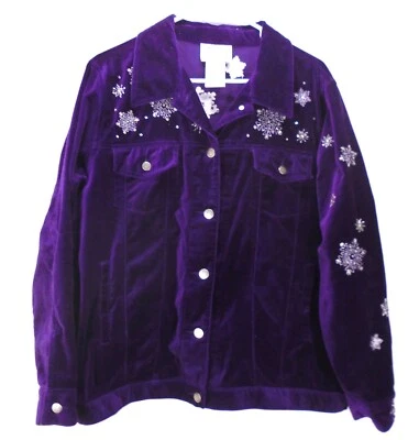 Quacker Factory Purple Velvet Embroidered Snowman Capture the Magic Jacket 2XL - Image 1 of 2