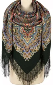 57'' women square scarf 100 % merino wool Russian Pavlovo Posad green red 1930 - Picture 1 of 16