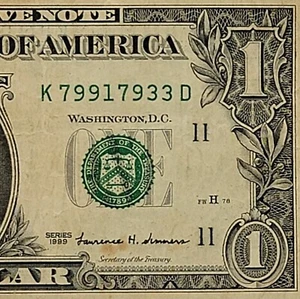 Alter Schein 1999 ausgefallene Seriennummer One Dollar K79917933D Reise 9er zwei Paar 7er 3er - Bild 1 von 8