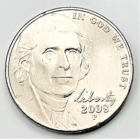 2008 P Jefferson Nickel - BU Coin Pulled from an OBW Roll Cover