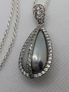 Elegant Sterling Silver Teardrop Grey Pearl & Cubic Zirconia Pendant w/24" chain - Picture 1 of 8