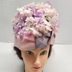 Paul Bensam Vintage Cloche Hat Faux Flowers Pink Purple Mid Century Ribbon Peach - Picture 1 of 19