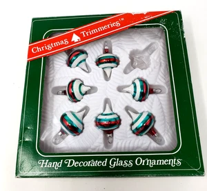 Vtg Bradford Christmas Trimmeries 6 Glass Ornaments Small Spinning Top Shape - Picture 1 of 9