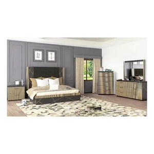 Pemberly Row Modern 4 PC Queen Bedroom Set Made with Wood in Black/Gold - Picture 1 of 16
