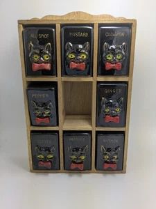 Vintage Japan Gewürzregal Halter mit 8 Behältern schwarze Katze gelbe Augen - Bild 1 von 8