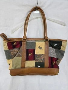 Vintage L.L Bean Rustic Wildlife Patchwork Canvas & Leather Tote/Weekend Bag - Bild 1 von 21