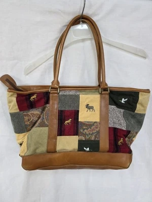 Vintage L.L Bean Rustic Wildlife Patchwork Canvas & Leather Tote/ Weekend Bag - Image 1 of 4