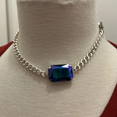 Vintage Mikay Love Silver Tone Blue Glass Big Rhinestone 15.75” Necklace - Image 1 of 4