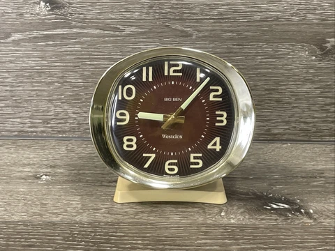 VTG Westclox Baby Ben Luminous Alarm Wind Up Clock Brown Face Gold Tone Rim 5” Cover