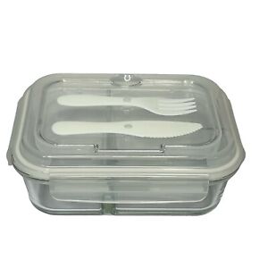 Glass Divided Food Container With Snap On Lid With Plastic Knife and Fork