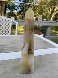 Yellow White Brown Onyx Obelisk Bookend Paperweight Home Decor 8” T - Picture 1 of 7