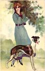 Dogs, Greyhound with an Elegant Young Lady, Signo: Corbella, Vintage Postard