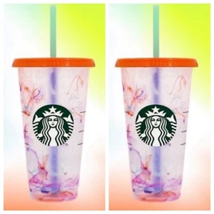 2x Starbucks Color Changing Cups & Straws Swirl Reusable Cold Summer Marble NEW - Picture 1 of 4