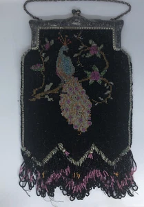 Antique Beaded Peacock Design Purse Bag Silver Plate Floral Kiss Lock 14” Suede - Picture 1 of 11