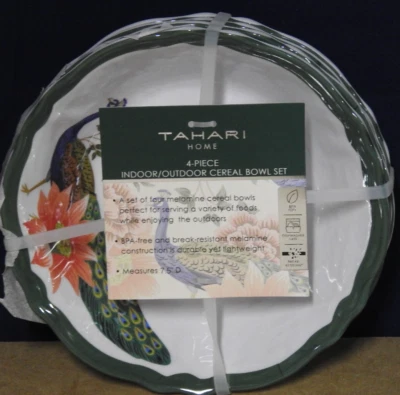 Tahari Home Pavão Floral Melamina Salada Tigelas de Cereais 7,5 polegadas Conjunto 4 NOVO - Imagem 1 de 2