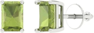 Solid Sterling Silver Natural Emerald Cut Peridot Solitaire Studs Earrings - Picture 1 of 2