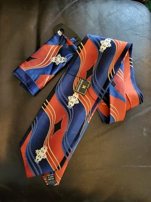 NWT Stacy Adams Men's Tie With Hankey Silk Red Blue Tan Print - Image 1 of 4