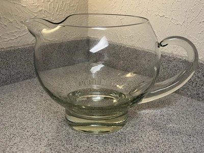 Hand Blown Clear Glass Pitcher Large Rounded Bubble Shape Thick Handle Vintage - Image 1 of 4